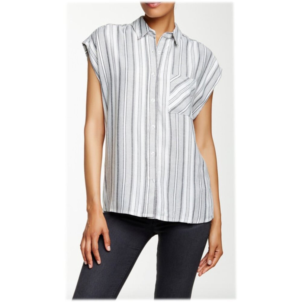NWT - WAYF Cap Sleeve Button Down Shirt, Cream & Black Stripe, Large